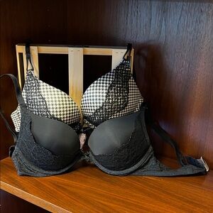 Victoria's Secret Black Lace + Houndstooth Push-Up Bra Set